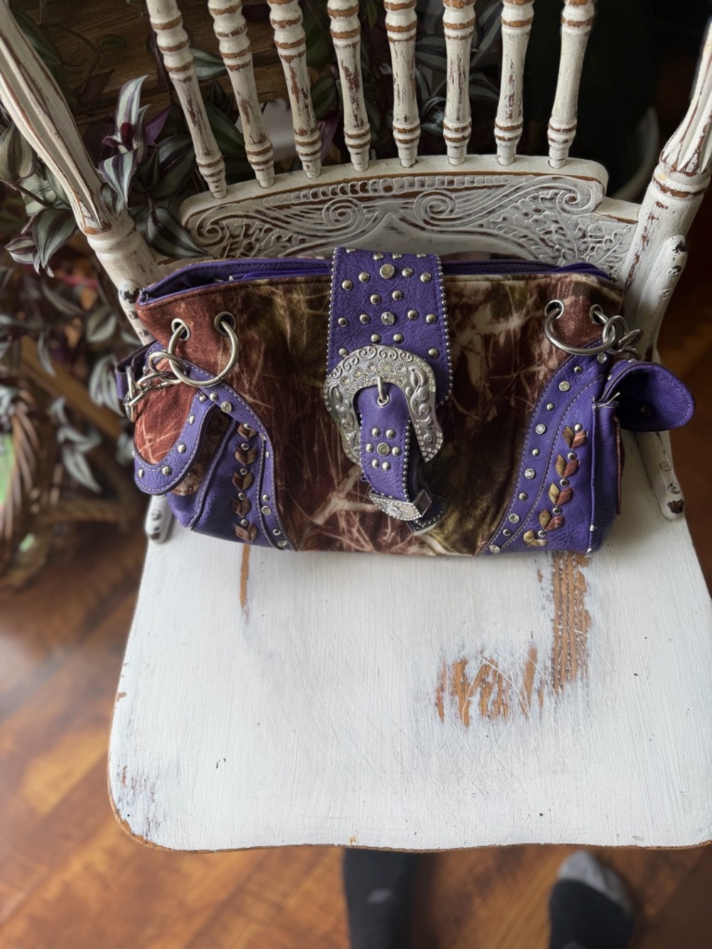 Two-Tone Purple and Brown Camo Studded Shoulder Bag with Matching Wallet!